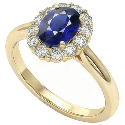Halo Natural Earth Mined Diamond Ring Yellow Gold Oval Ceylon Sapphire 5.25 Carats