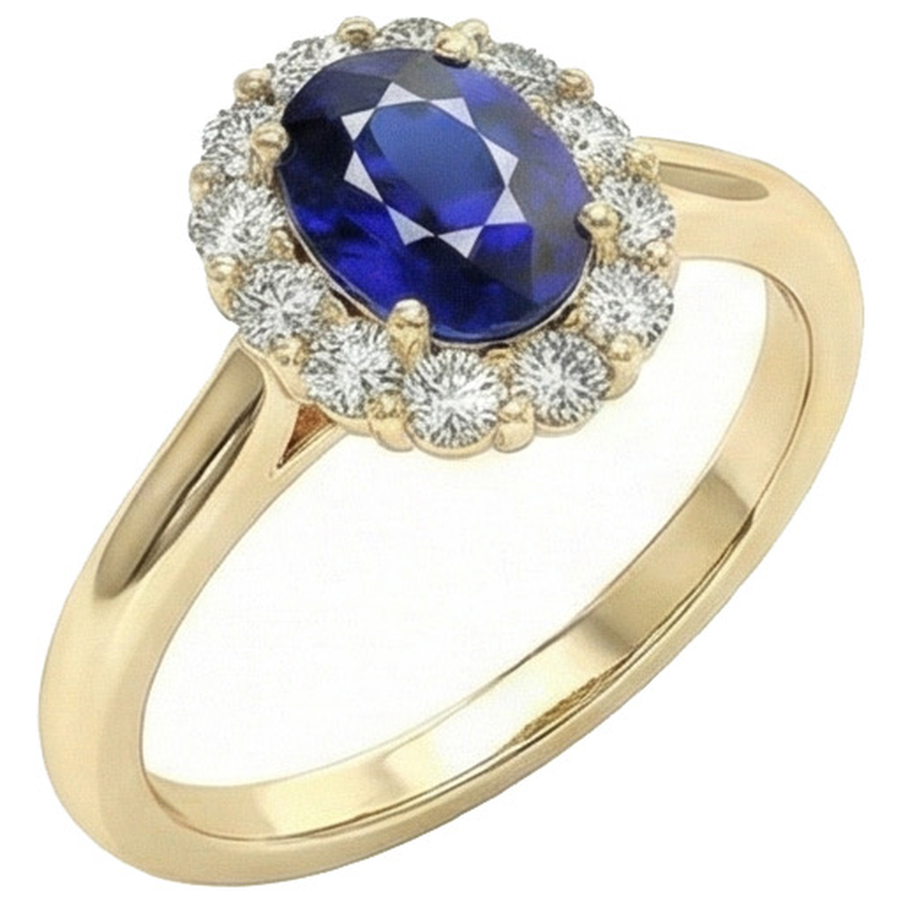 Halo Natural Earth Mined Diamond Ring Yellow Gold Oval Ceylon Sapphire 5.25 Carats