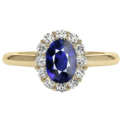 Halo Natural Earth Mined Diamond Ring Yellow Gold Oval Ceylon Sapphire 5.25 Carats
