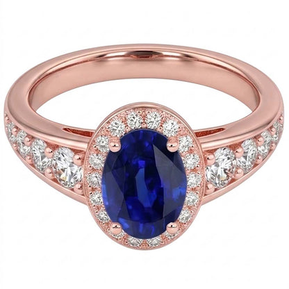 Halo Natural Earth Mined Diamond Sapphire Anniversary Ring Oval Cut Sri Lankan 3.50 Carats