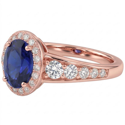 Halo Natural Earth Mined Diamond Sapphire Anniversary Ring Oval Cut Sri Lankan 3.50 Carats