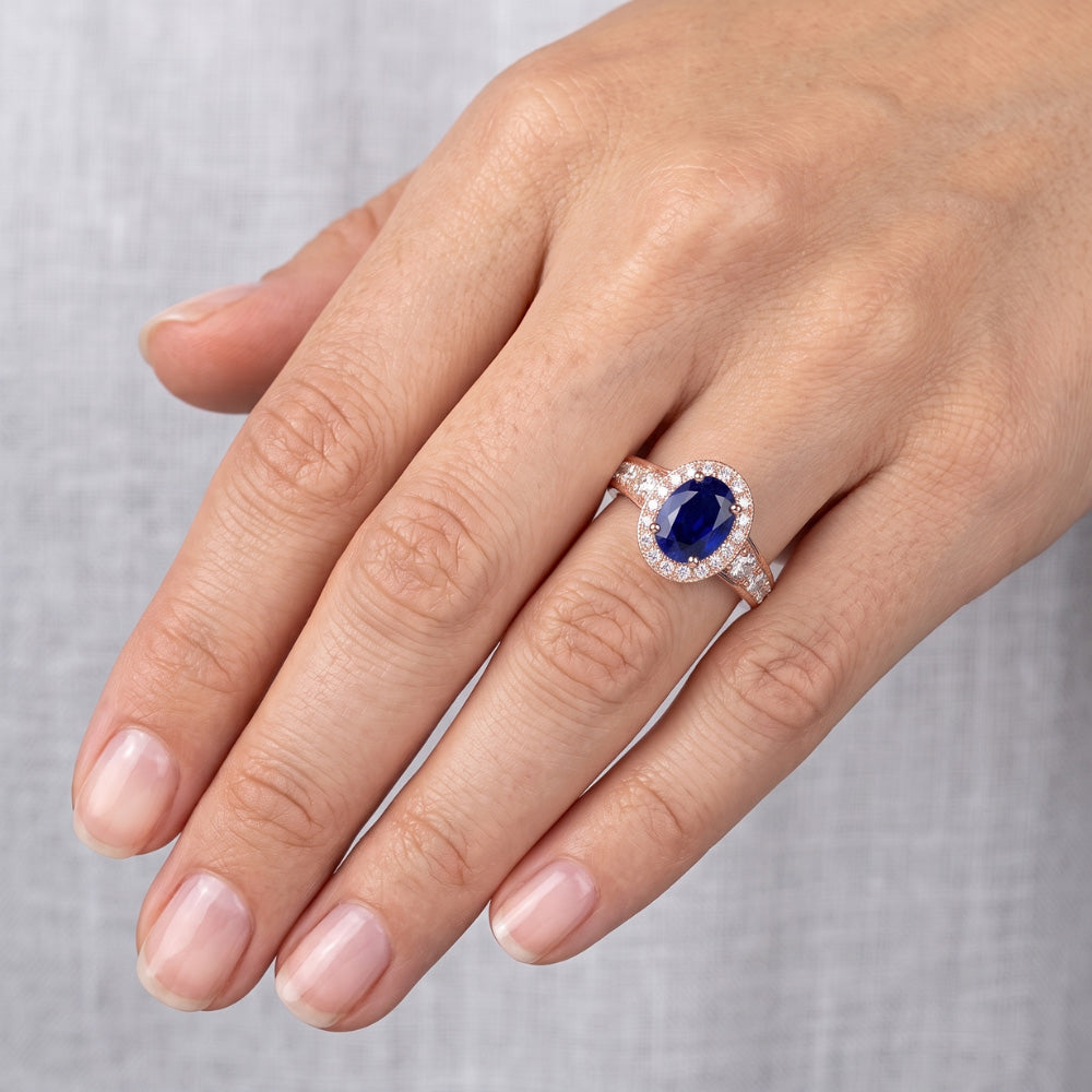 Halo Natural Earth Mined Diamond Sapphire Anniversary Ring Oval Cut Sri Lankan 3.50 Carats