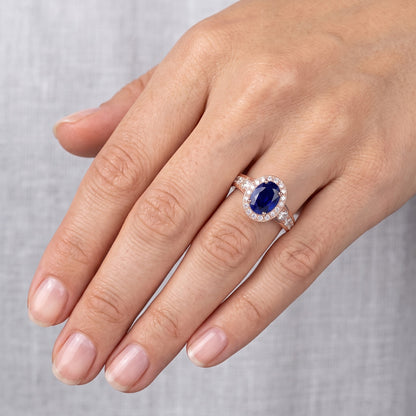Halo Natural Earth Mined Diamond Sapphire Anniversary Ring Oval Cut Sri Lankan 3.50 Carats