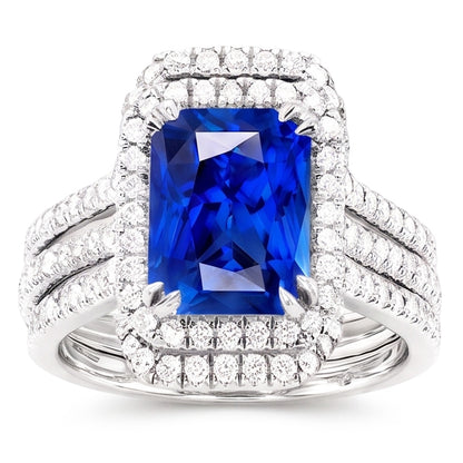 Halo Natural Earth Mined Diamond Sapphire Engagement Wedding Ring Set With Jacket 5 Carats