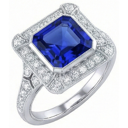 Halo Natural Earth Mined Diamond Sapphire Ring Asscher Bezel Set Milgrain Shank 4 Carats