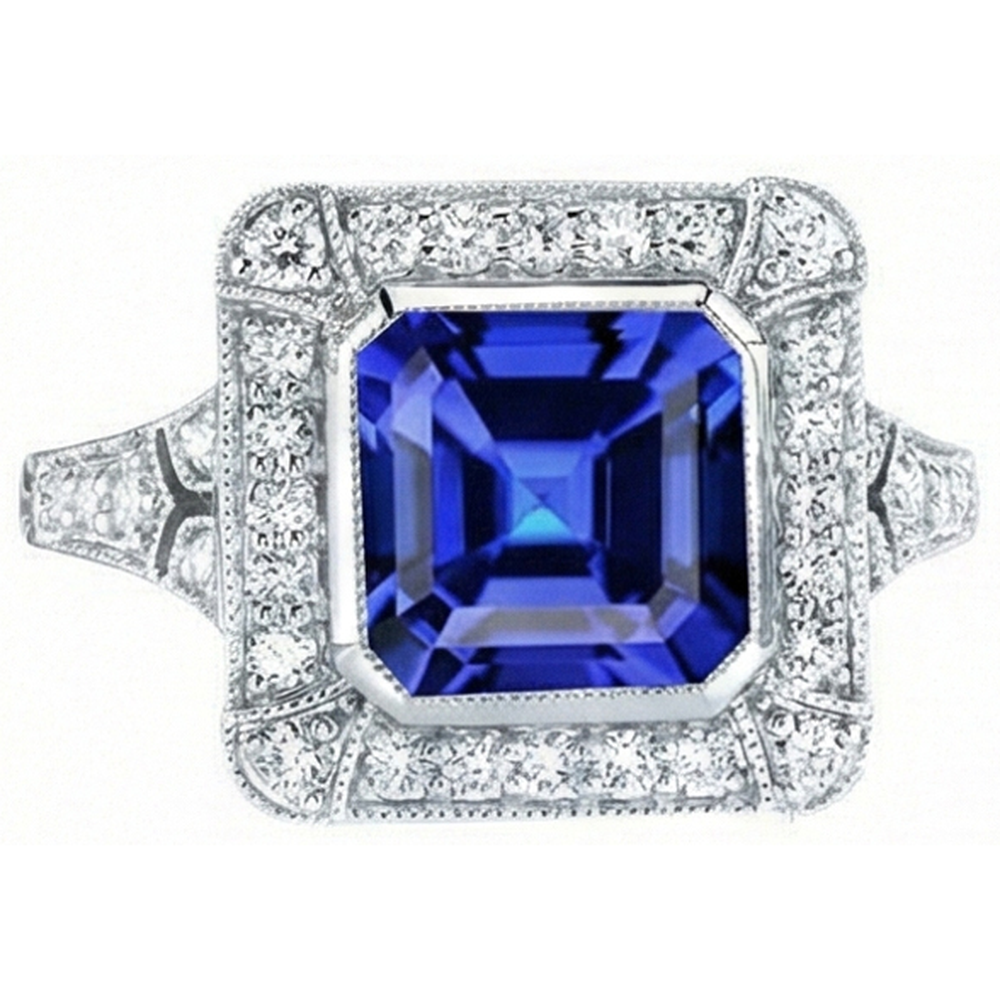 Halo Natural Earth Mined Diamond Sapphire Ring Asscher Bezel Set Milgrain Shank 4 Carats