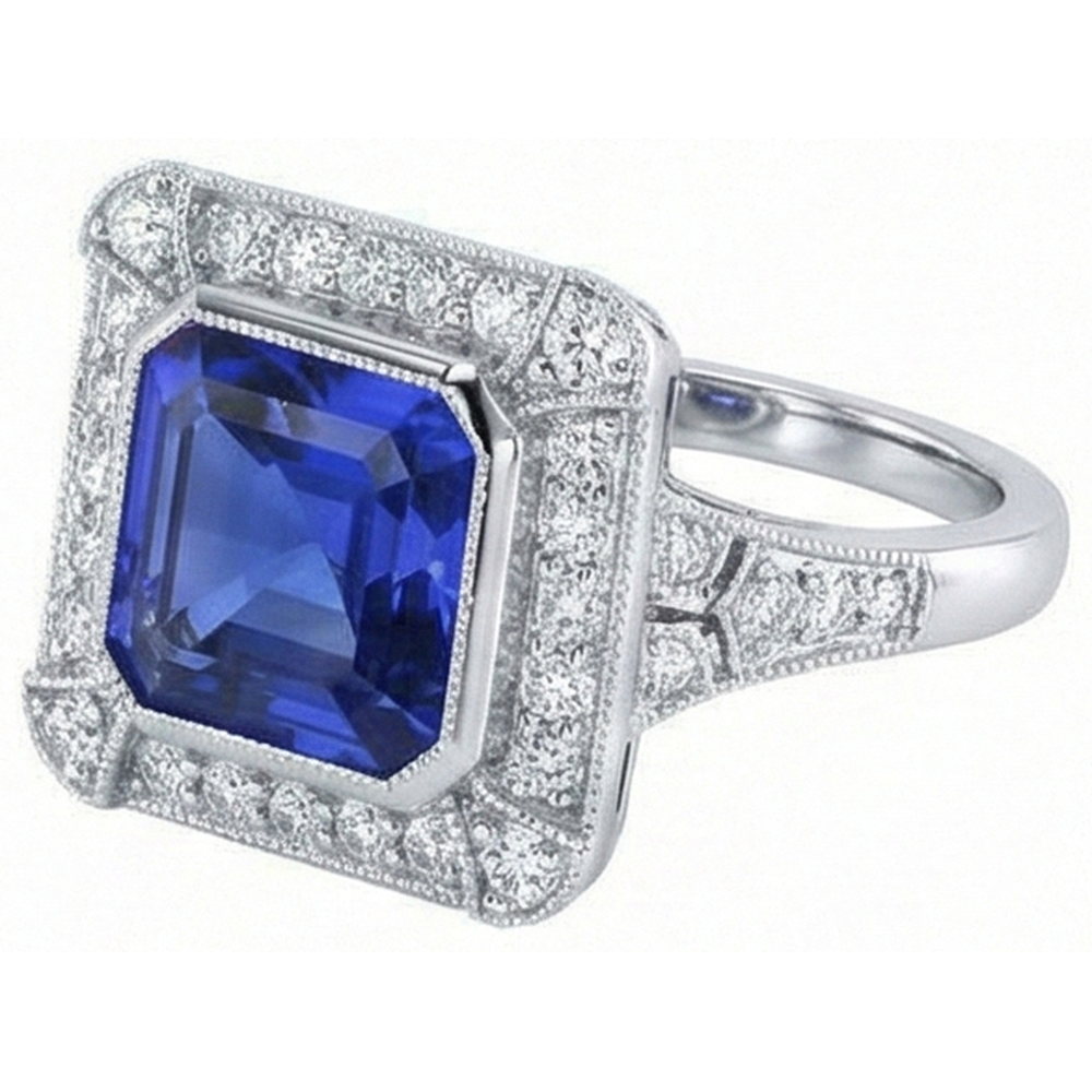 Halo Natural Earth Mined Diamond Sapphire Ring Asscher Bezel Set Milgrain Shank 4 Carats