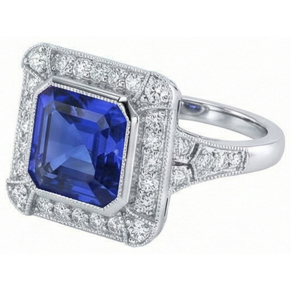Halo Natural Earth Mined Diamond Sapphire Ring Asscher Bezel Set Milgrain Shank 4 Carats