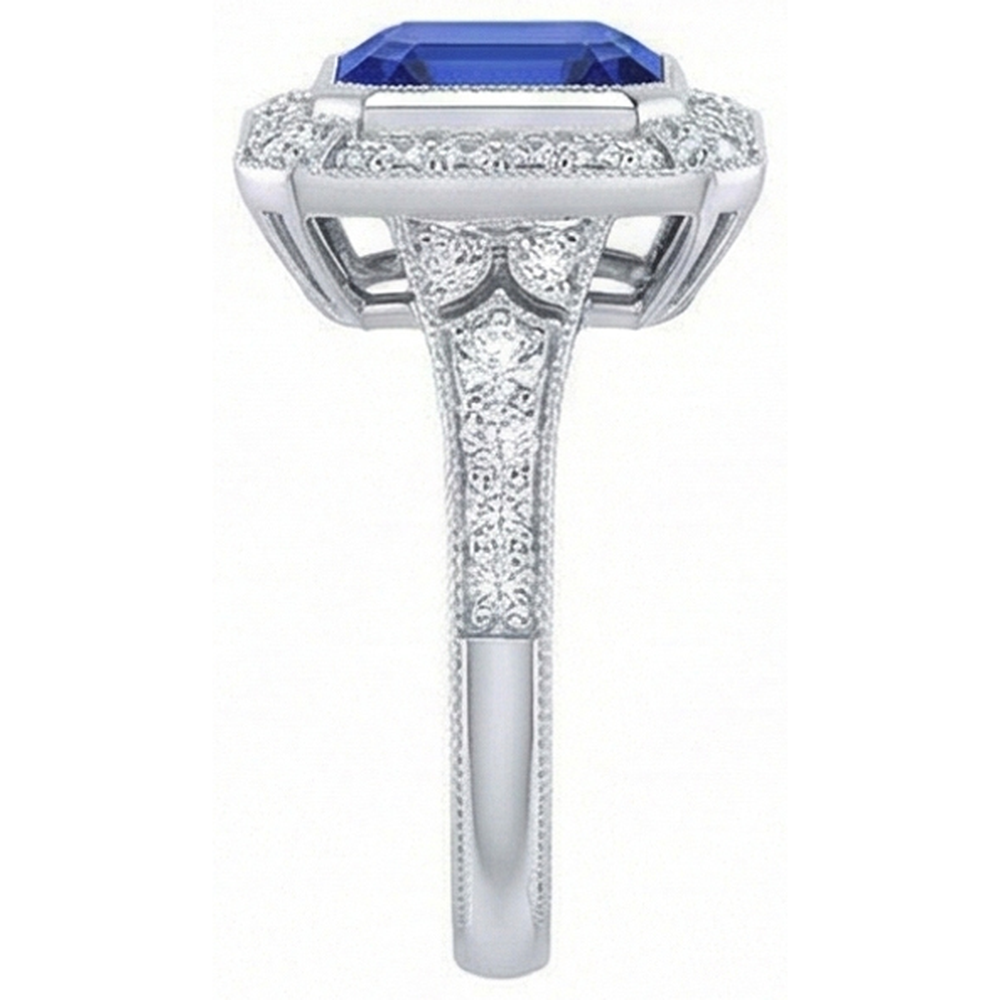 Halo Natural Earth Mined Diamond Sapphire Ring Asscher Bezel Set Milgrain Shank 4 Carats
