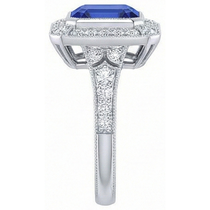 Halo Natural Earth Mined Diamond Sapphire Ring Asscher Bezel Set Milgrain Shank 4 Carats