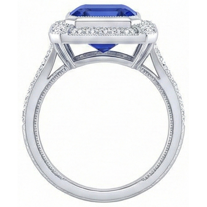 Halo Natural Earth Mined Diamond Sapphire Ring Asscher Bezel Set Milgrain Shank 4 Carats