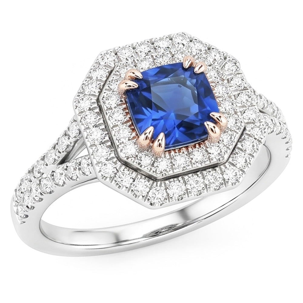 Halo Natural Earth Mined Diamond Sapphire Ring Radiant Cut Gold Split Shank 3.50 Carats