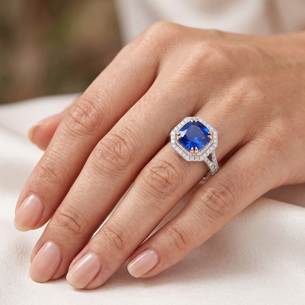 Halo Natural Earth Mined Diamond Sapphire Ring Radiant Cut Gold Split Shank 3.50 Carats