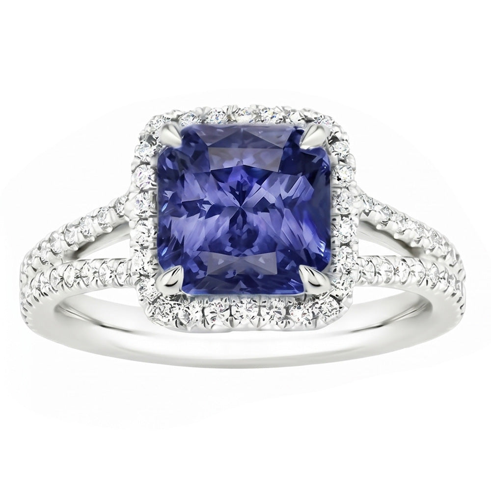 Halo Natural Earth Mined Diamond Srilankan Sapphire Engagement Ring Split Shank 4 Carats
