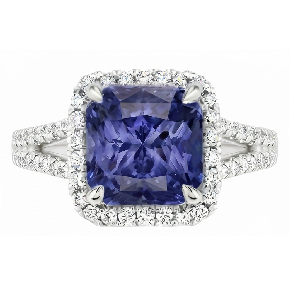 Halo Natural Earth Mined Diamond Srilankan Sapphire Engagement Ring Split Shank 4 Carats