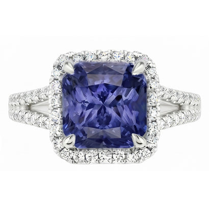 Halo Natural Earth Mined Diamond Srilankan Sapphire Engagement Ring Split Shank 4 Carats