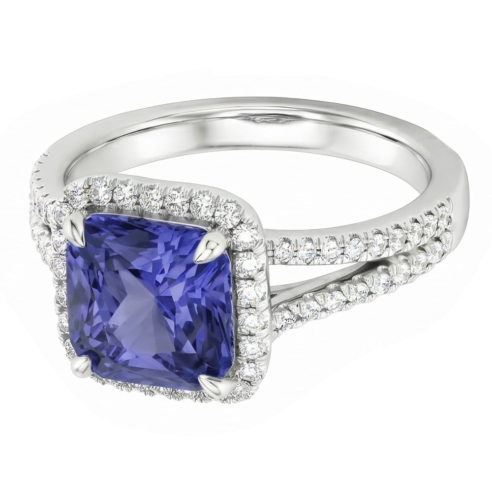 Halo Natural Earth Mined Diamond Srilankan Sapphire Engagement Ring Split Shank 4 Carats