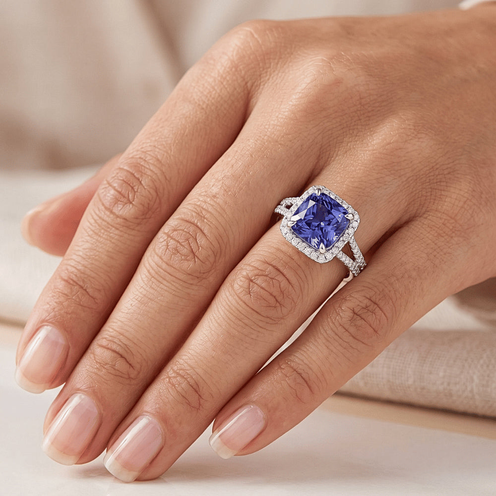 Halo Natural Earth Mined Diamond Srilankan Sapphire Engagement Ring Split Shank 4 Carats