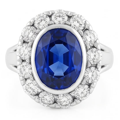 Halo Natural Earth Mined Diamond Wedding Ring Oval Ceylon Sapphire Bezel Set 4.50 Carats