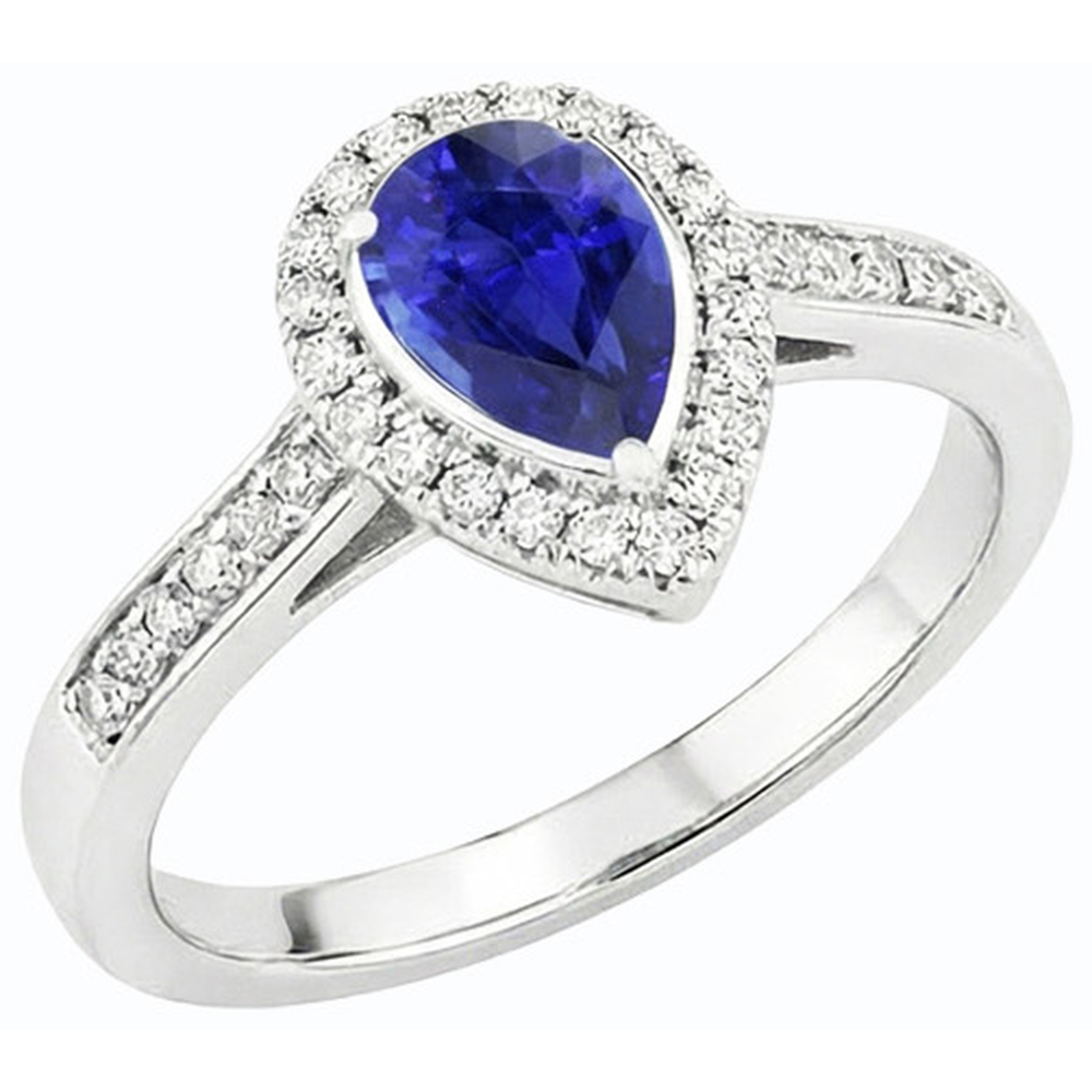 Halo Natural Earth Mined Diamond Wedding Ring Pear Cut Ceylon Sapphire Center 3.50 Carats