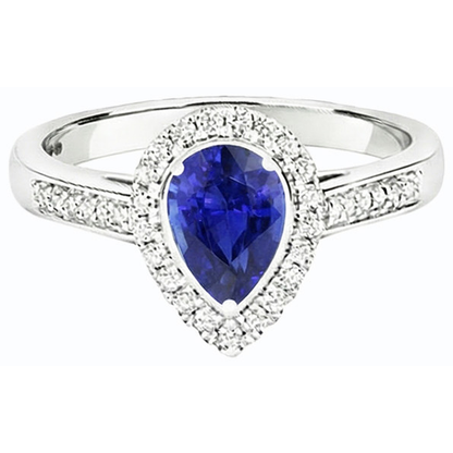 Halo Natural Earth Mined Diamond Wedding Ring Pear Cut Ceylon Sapphire Center 3.50 Carats