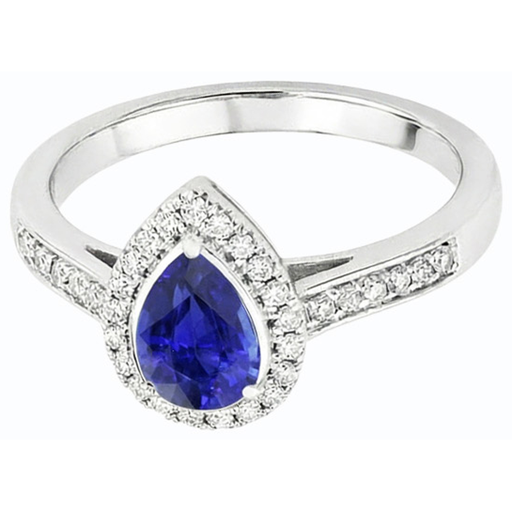 Halo Natural Earth Mined Diamond Wedding Ring Pear Cut Ceylon Sapphire Center 3.50 Carats