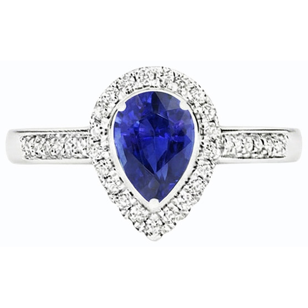 Halo Natural Earth Mined Diamond Wedding Ring Pear Cut Ceylon Sapphire Center 3.50 Carats