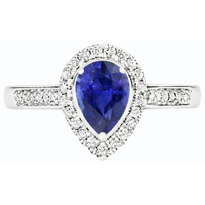 Halo Natural Earth Mined Diamond Wedding Ring Pear Cut Ceylon Sapphire Center 3.50 Carats