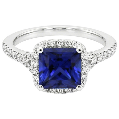 Halo Natural Earth Mined Diamond & Blue Sapphire Ring With Accents V Split Shank 6 Carats