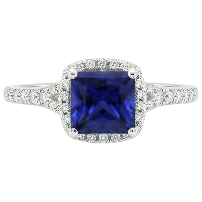 Halo Natural Earth Mined Diamond & Blue Sapphire Ring With Accents V Split Shank 6 Carats