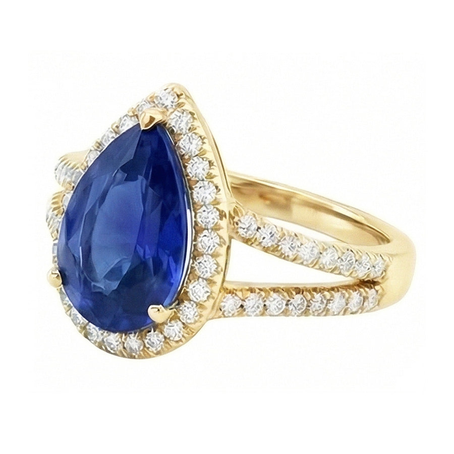 Halo Natural Earth Mined Diamonds Ring & Sri Lanka Pear Sapphire 8 Carats Split Shank
