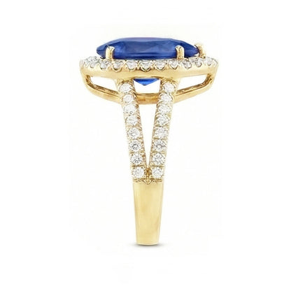 Halo Natural Earth Mined Diamonds Ring & Sri Lanka Pear Sapphire 8 Carats Split Shank