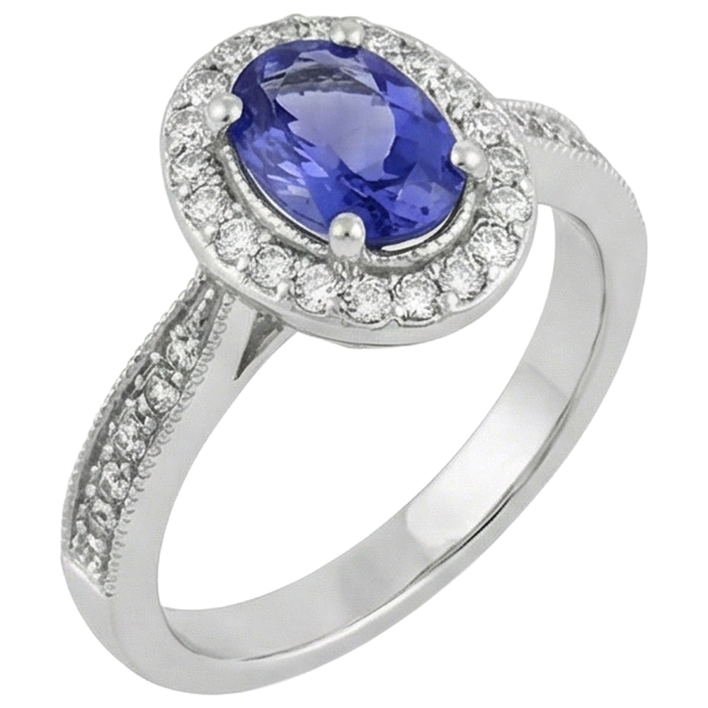 Halo Oval 10.25 Carats Tanzanite & Natural Earth Mined Diamonds Ring White Gold 14K
