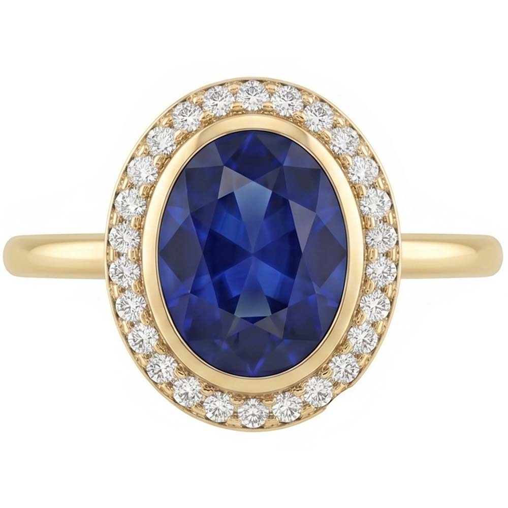 Halo Oval Blue Sapphire Ring & Natural Earth Mined Diamonds 3 Carats Gold