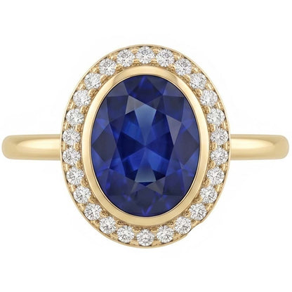Halo Oval Blue Sapphire Ring & Natural Earth Mined Diamonds 3 Carats Gold