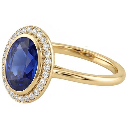 Halo Oval Blue Sapphire Ring & Natural Earth Mined Diamonds 3 Carats Gold