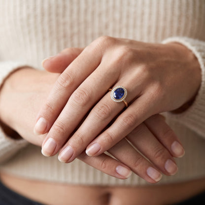 Halo Oval Blue Sapphire Ring & Natural Earth Mined Diamonds 3 Carats Gold