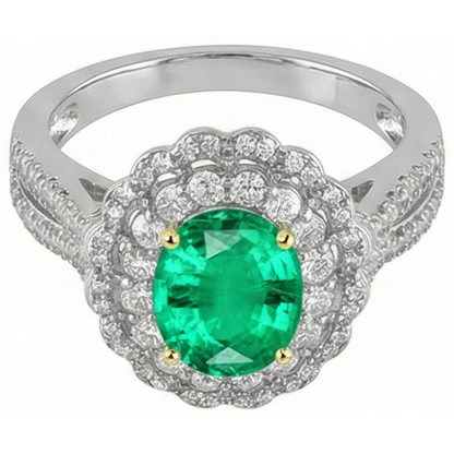 Natural Real ( Not Lab Grown ) Halo Oval Green Emerald GIA And Diamond Ring
