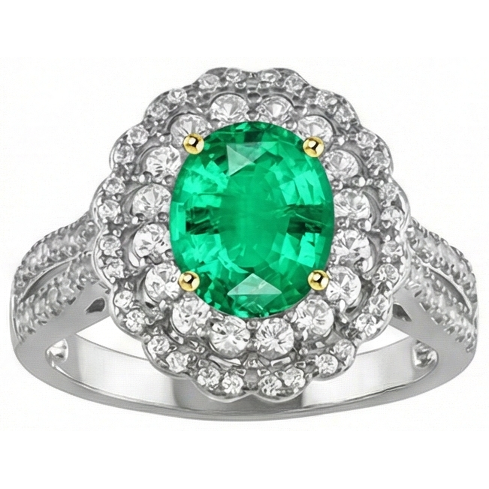 Natural Real ( Not Lab Grown ) Halo Oval Green Emerald GIA And Diamond Ring