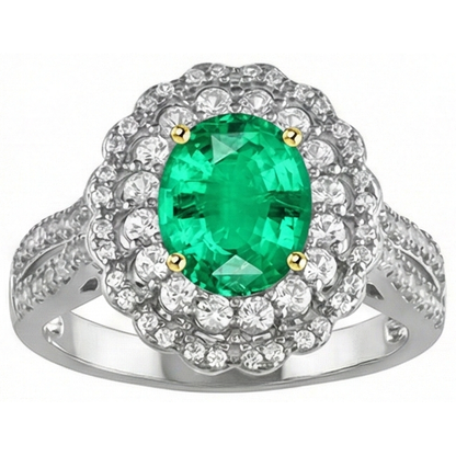 Natural Real ( Not Lab Grown ) Halo Oval Green Emerald GIA And Diamond Ring