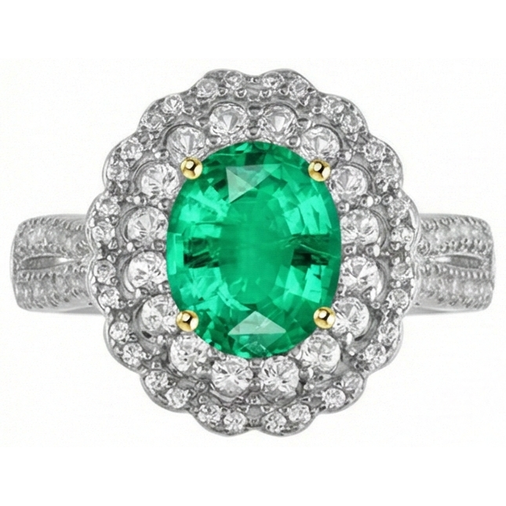 Natural Real ( Not Lab Grown ) Halo Oval Green Emerald GIA And Diamond Ring