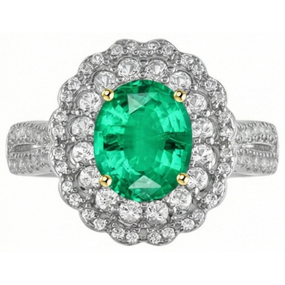Natural Real ( Not Lab Grown ) Halo Oval Green Emerald GIA And Diamond Ring