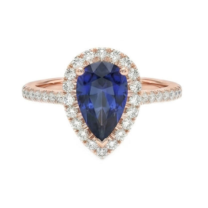 Halo Pear Blue Sapphire Ring 14K Rose Gold 3 Carats Natural Earth Mined Diamonds