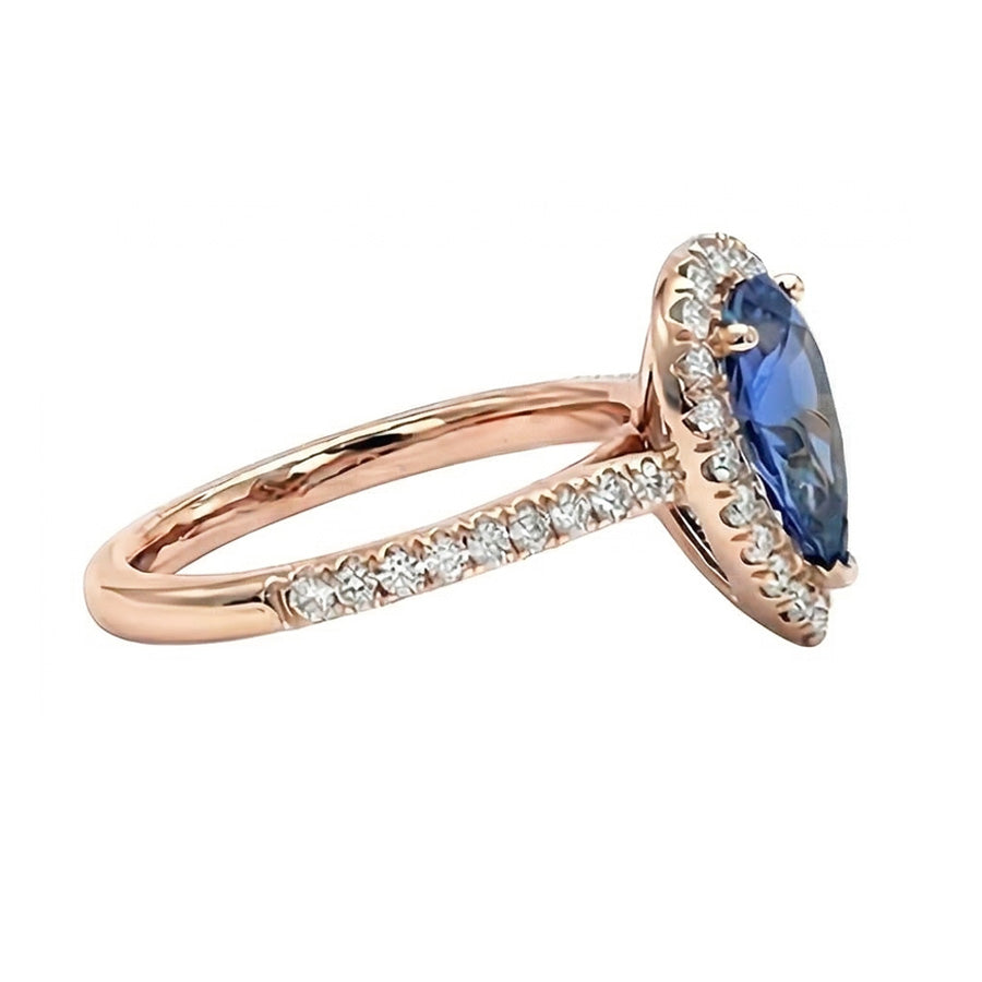 Halo Pear Blue Sapphire Ring 14K Rose Gold 3 Carats Natural Earth Mined Diamonds