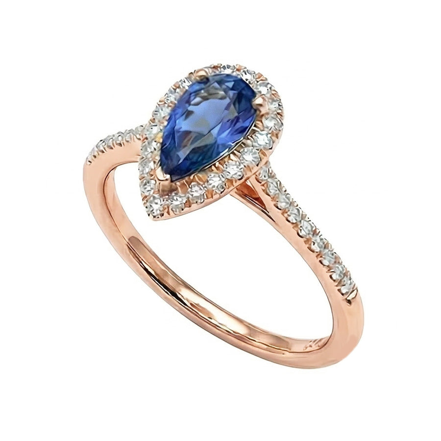 Halo Pear Blue Sapphire Ring 14K Rose Gold 3 Carats Natural Earth Mined Diamonds