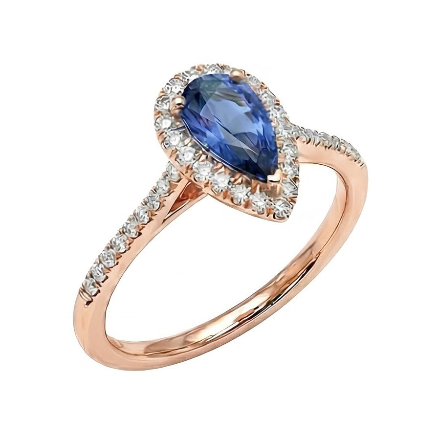 Halo Pear Blue Sapphire Ring 14K Rose Gold 3 Carats Natural Earth Mined Diamonds