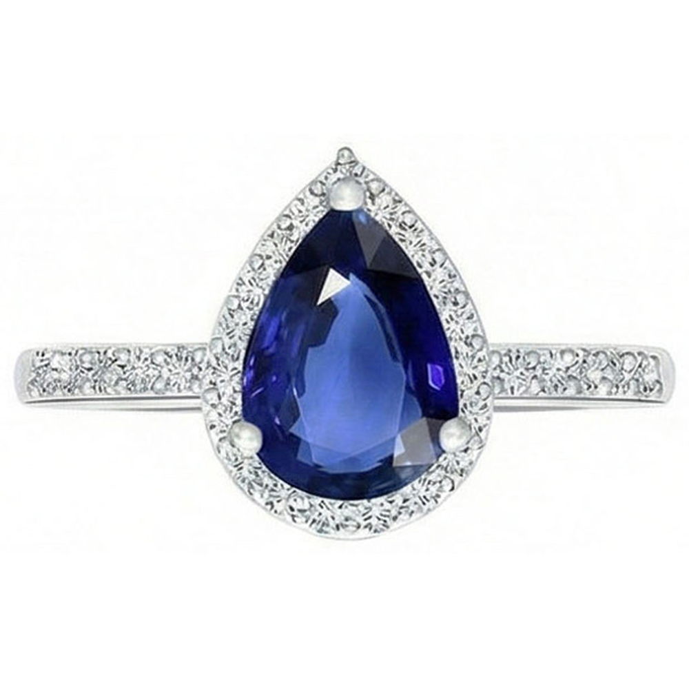 Halo Pear Blue Sapphire Ring & Natural Earth Mined Diamonds 3.25 Carats White Gold 14K