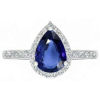 Halo Pear Blue Sapphire Ring & Natural Earth Mined Diamonds 3.25 Carats White Gold 14K