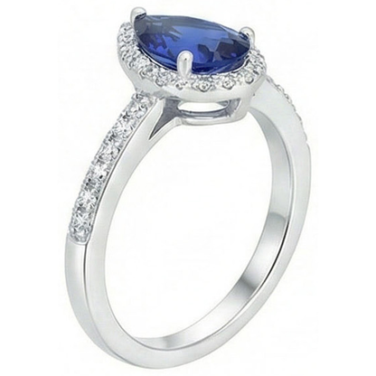 Halo Pear Blue Sapphire Ring & Natural Earth Mined Diamonds 3.25 Carats White Gold 14K
