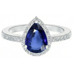Halo Pear Blue Sapphire Ring & Natural Earth Mined Diamonds 3.25 Carats White Gold 14K